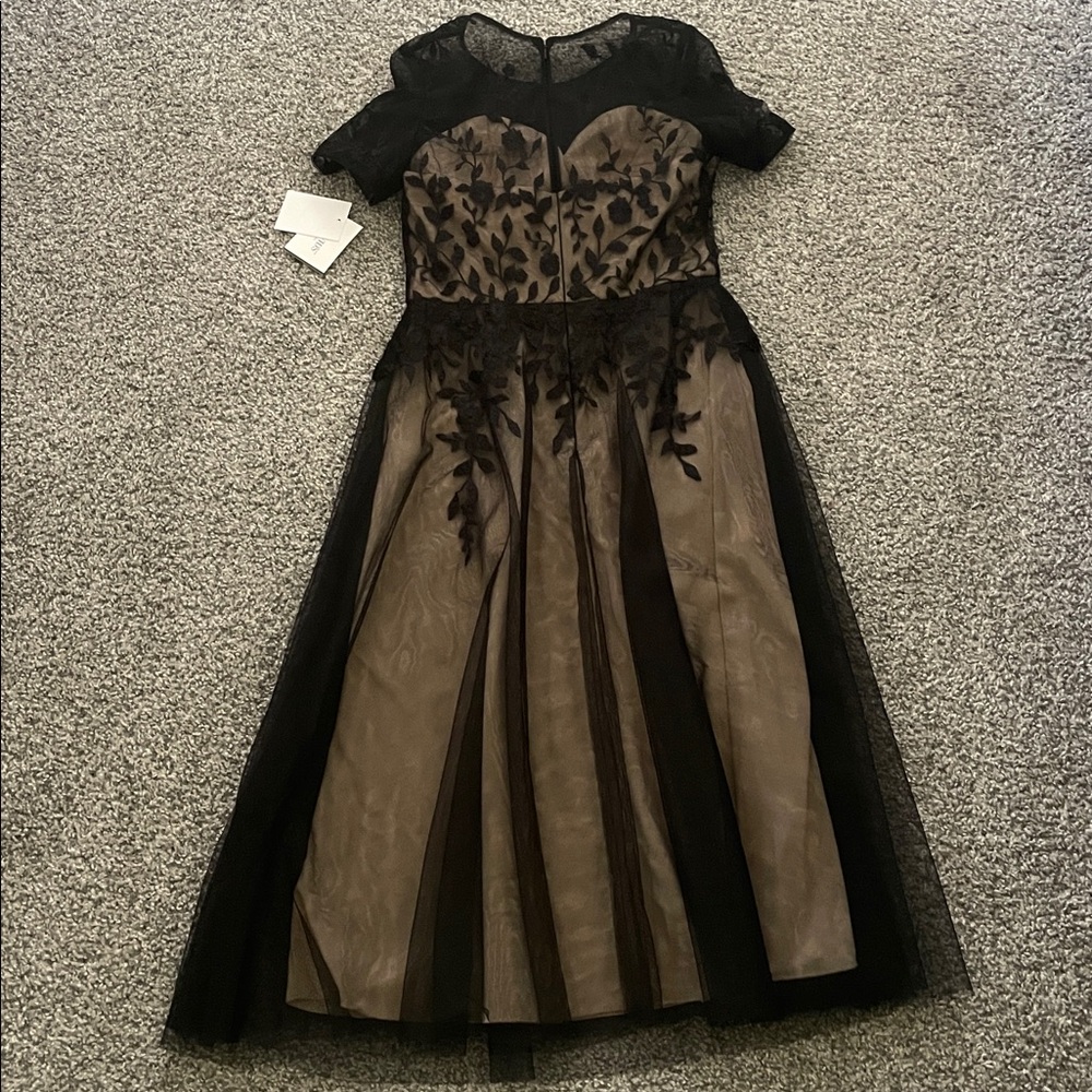 Oleg Cassini Embroidered Lace Tea Length Dress - Picture 10 of 12
